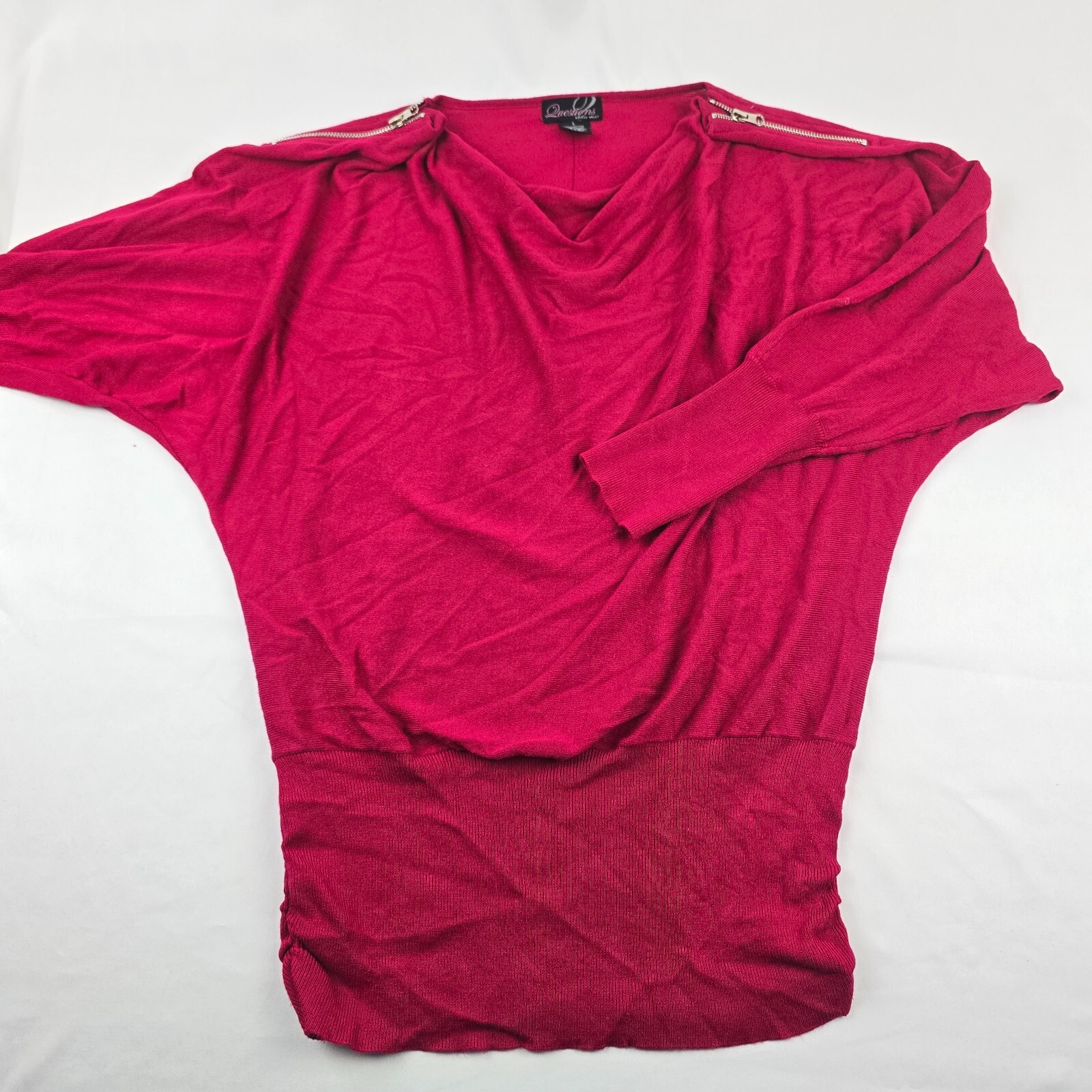 Question By Say What Cowl Neck Bat Wing Blouse Pink w/ Zipper Accents Size Large