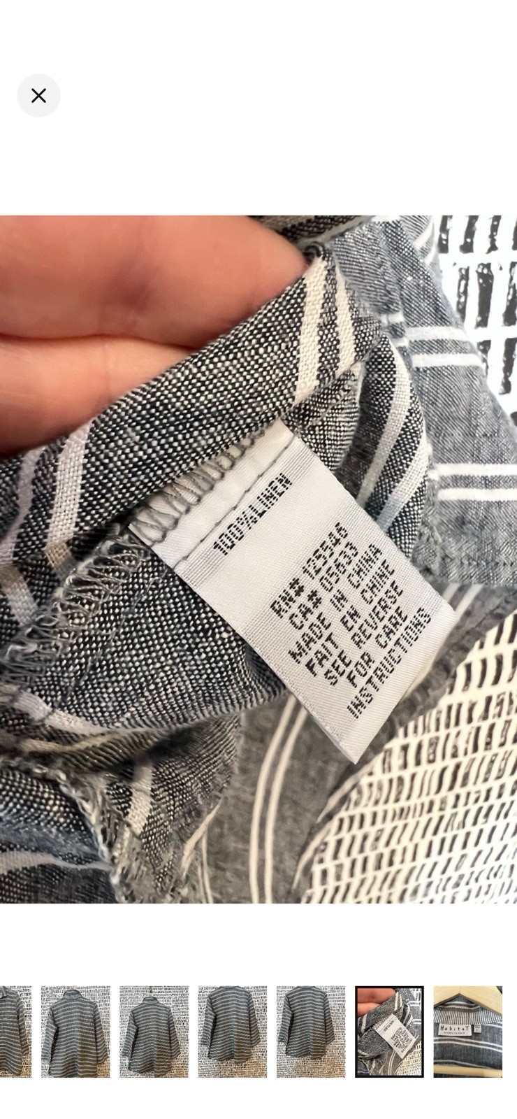 Habitat Gray White Striped Button-Up Collared 3/4 Sleeve Cotton Woven Top L