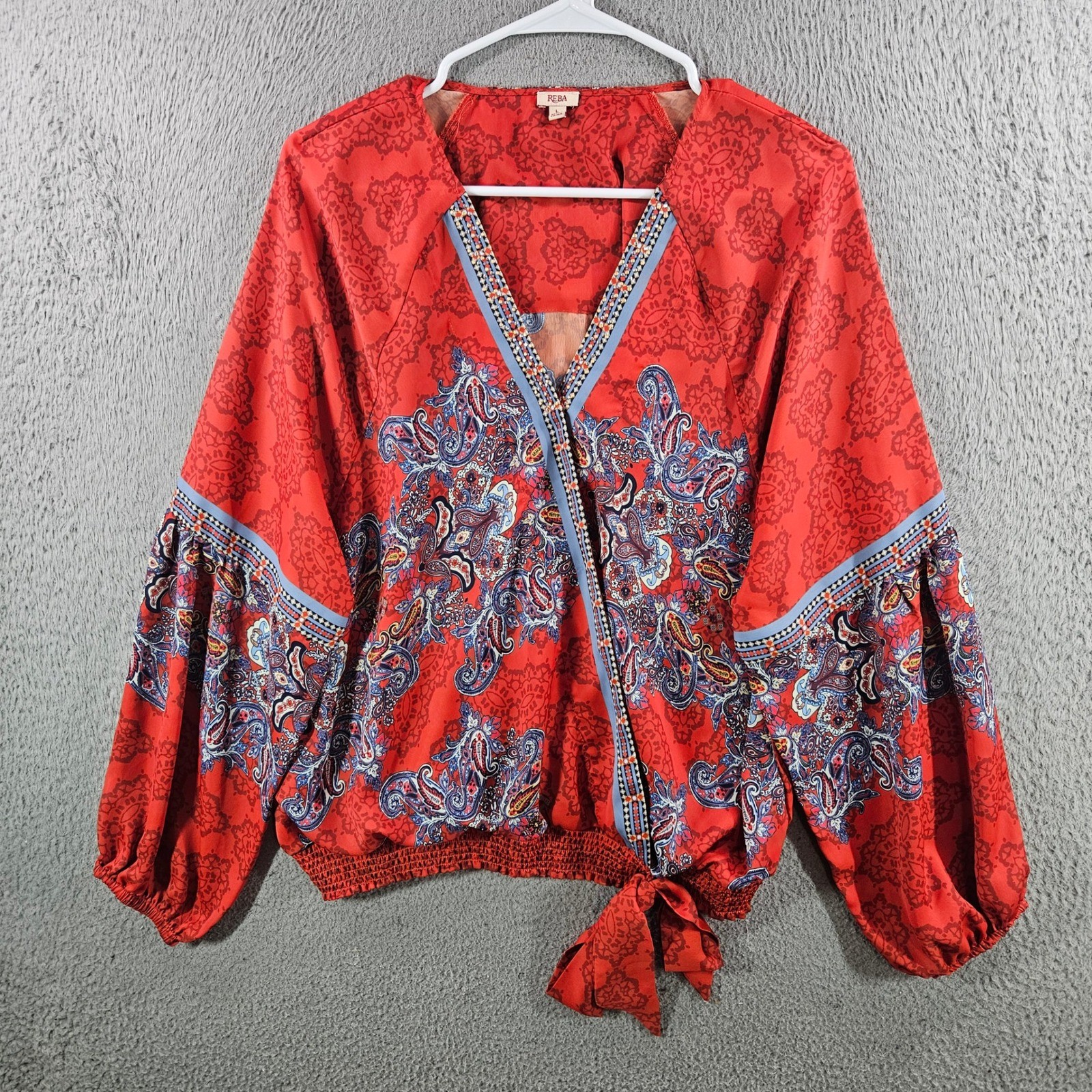 Reba Red Paisley Beaded V-Neck Balloon Sleeve Smocked Tie Hem Blouse Large
