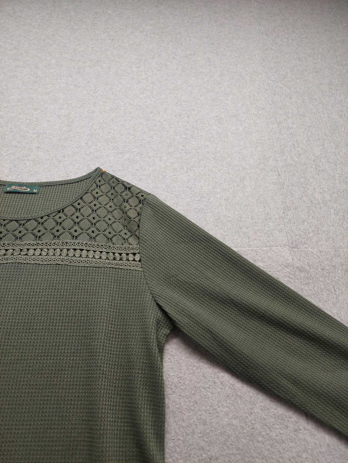 Ofeefan Women Top M Olive Green Crew Neck Pullover 3/4 Sleeve Stretch Casual