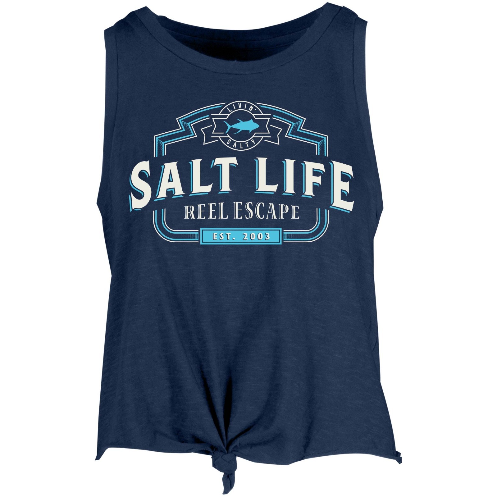 New Salt Life Cropped Ladies Muscle Reel Escape Tie Front Live Salty Navy L NWT