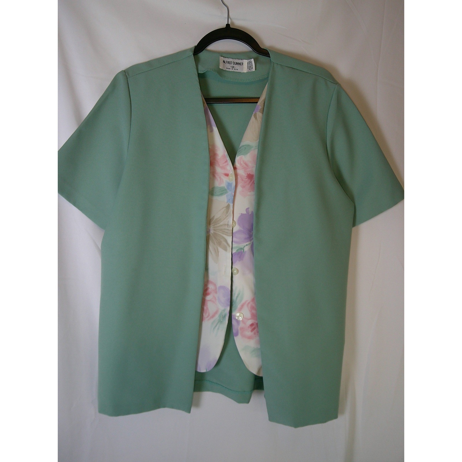 Alfred Dunner Vintage Sage Green Mock Layered Floral Vest Jacket Womens 12 USA