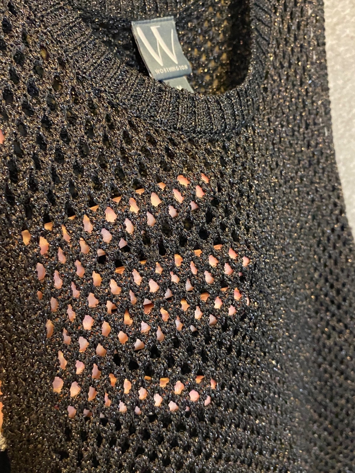 Worthington Metallic Black Mesh Knit Tank Top Sleeveless Sparkle Openwork Medium