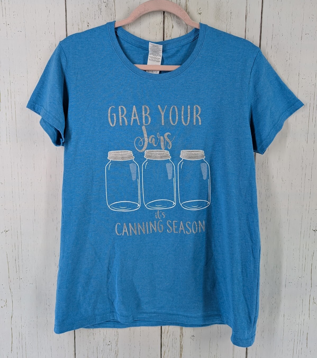 Gildan Size Large Womens Blue Canning Graphic Short Sleeve Casual Top