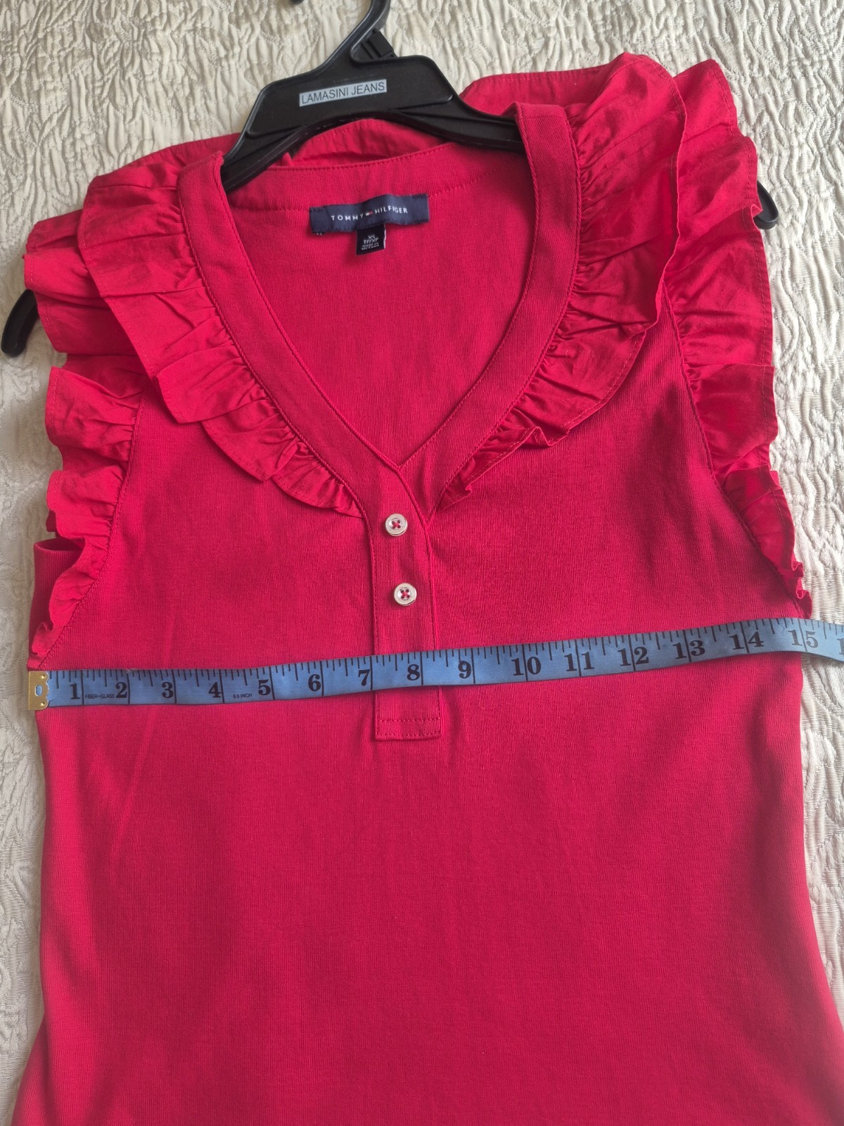 Tommy Hilfiger Blusa Roja Sin Mangas Cuello V Con Volantes En Manga Y Cuello XS