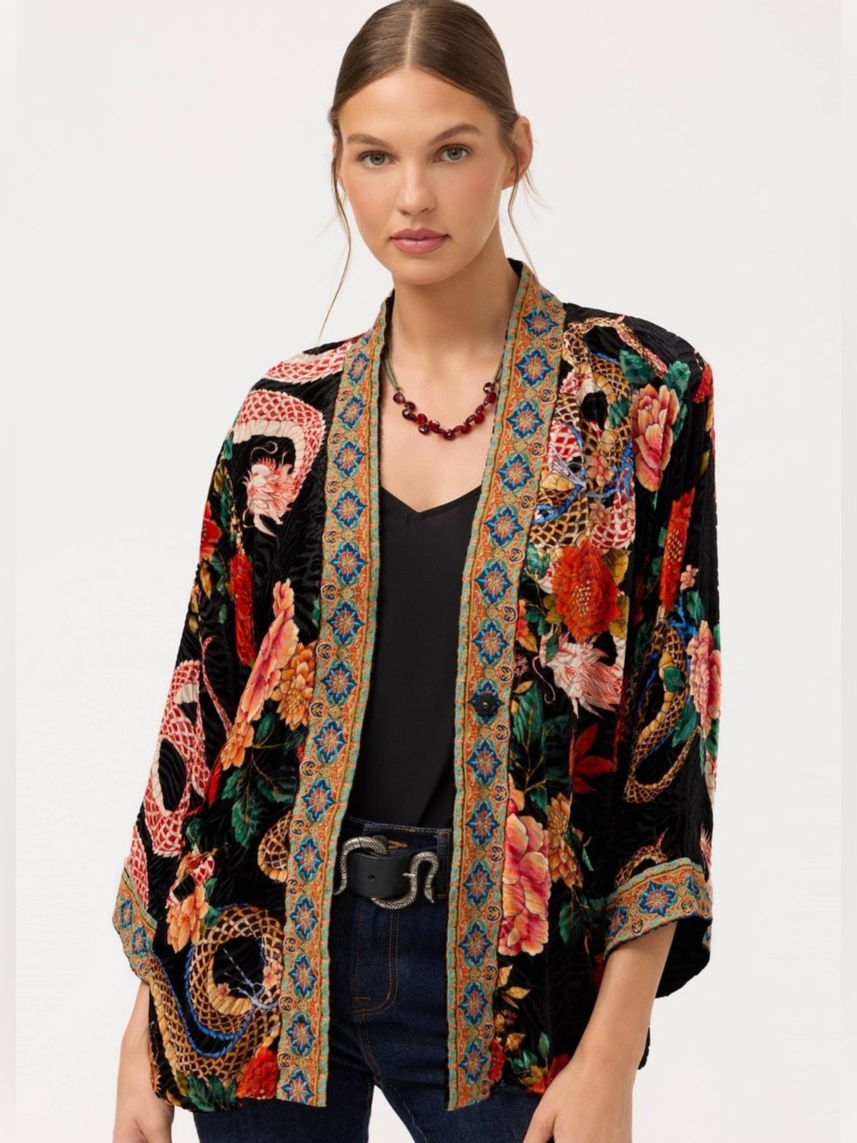 Johnny Was size XS Merhawi Kimono Black Velvet Dragon Kimono Jacket Embroidery
