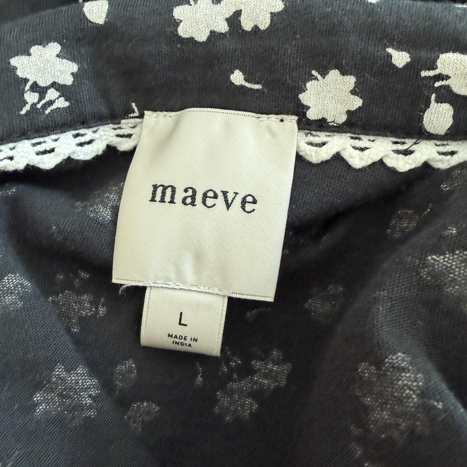 Maeve Anthropologie Floral Button Up Top L Black Smocked Waist Lace Cottage