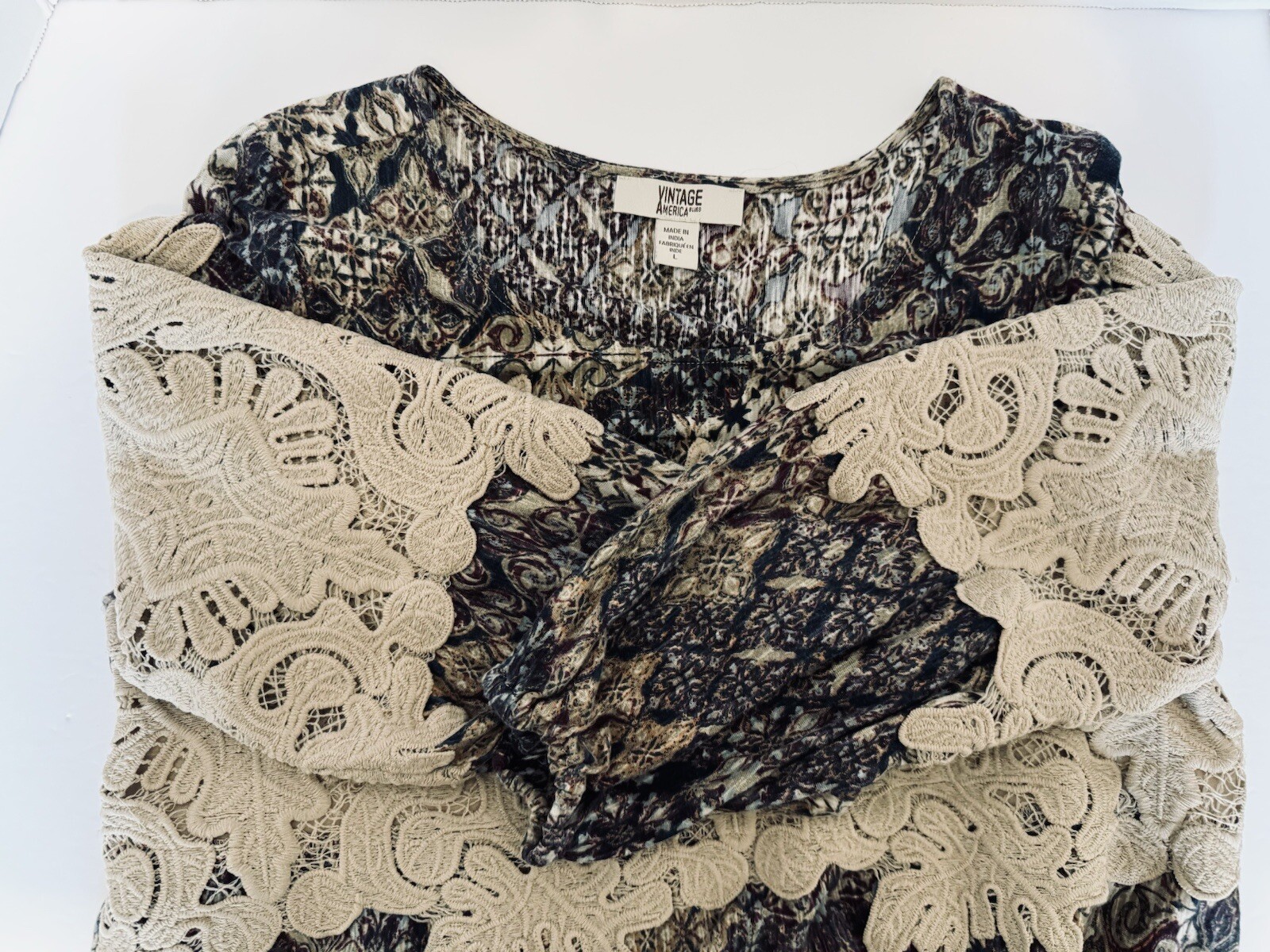 Vintage America Blues Missey Peasant Pull Over Blouse Size Large Tan Lace Panels