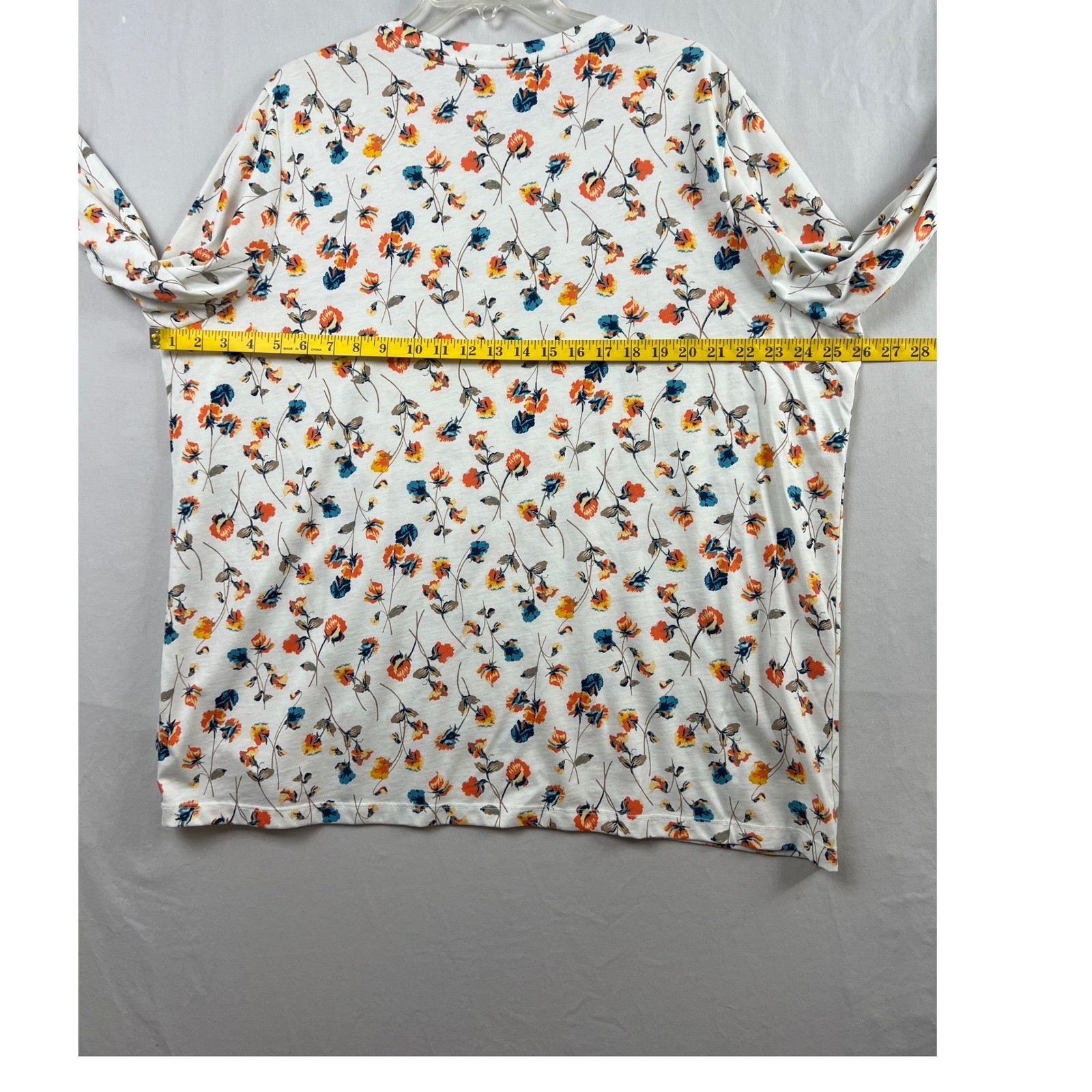 Lands’ End Floral Tee Women 2X White Orange Blue Long Sleeve Cotton Top