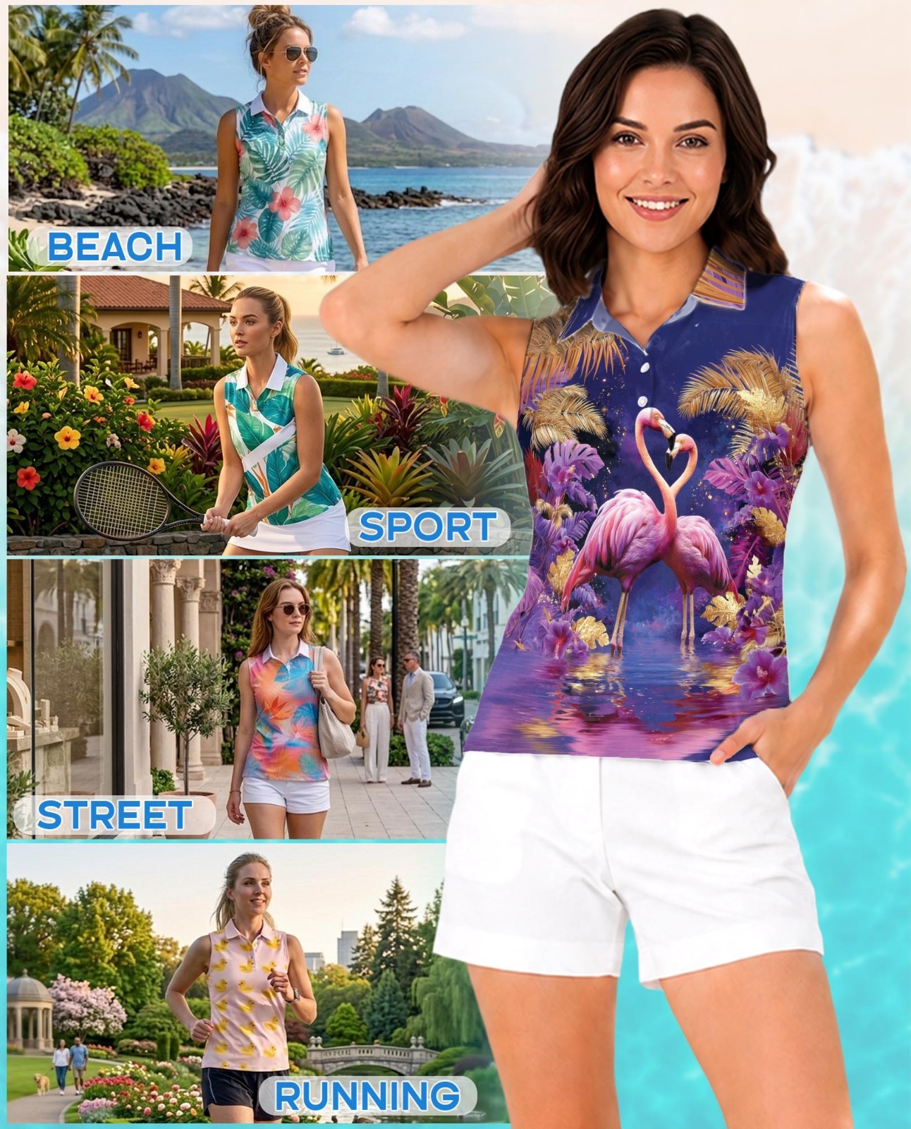 Women Sleeveless Polo Shirt Flamingo Tropical Animal Floral Top