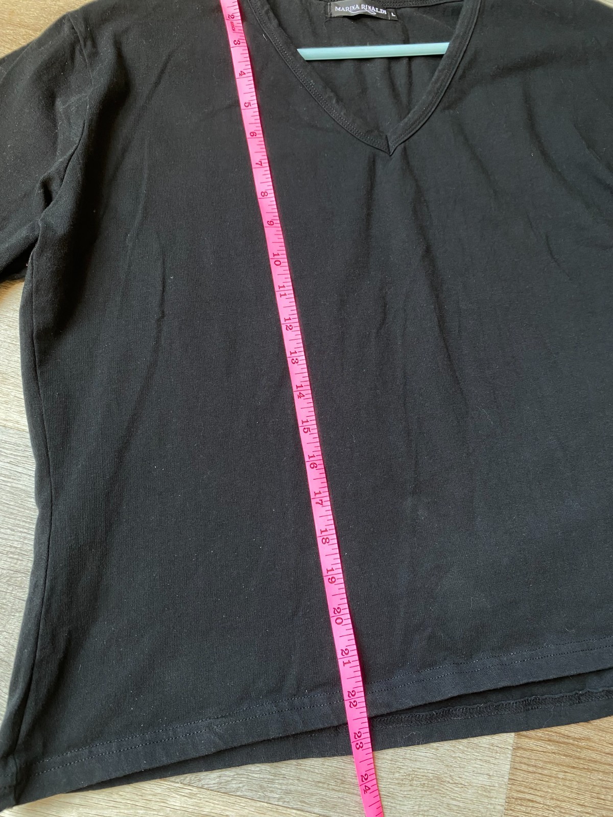 Marina Rinaldi Italy Black Rhinestone Logo V-Neck Jersey Top Max Mara Group L
