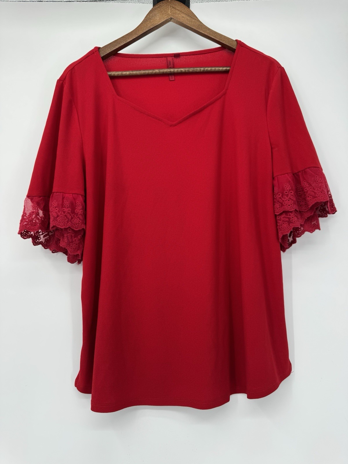 Red V Neck Shirt Lace Ruffle Sleeve SoftStretch Feminine Romantic Valentine