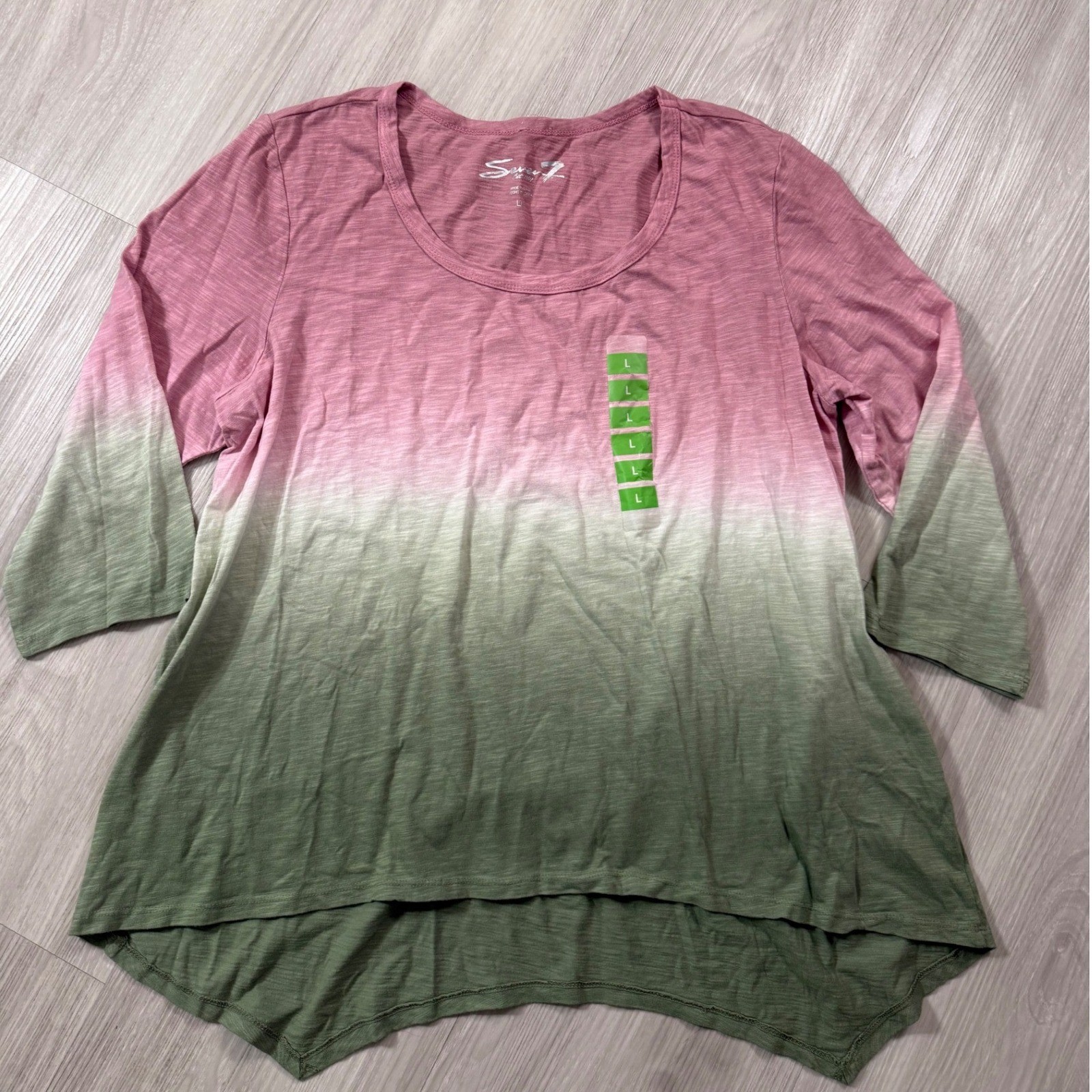Seven7 Womens Dip Dye Tee Pink Olive Green Ombre Sharkbite Hem Top Size L NWT
