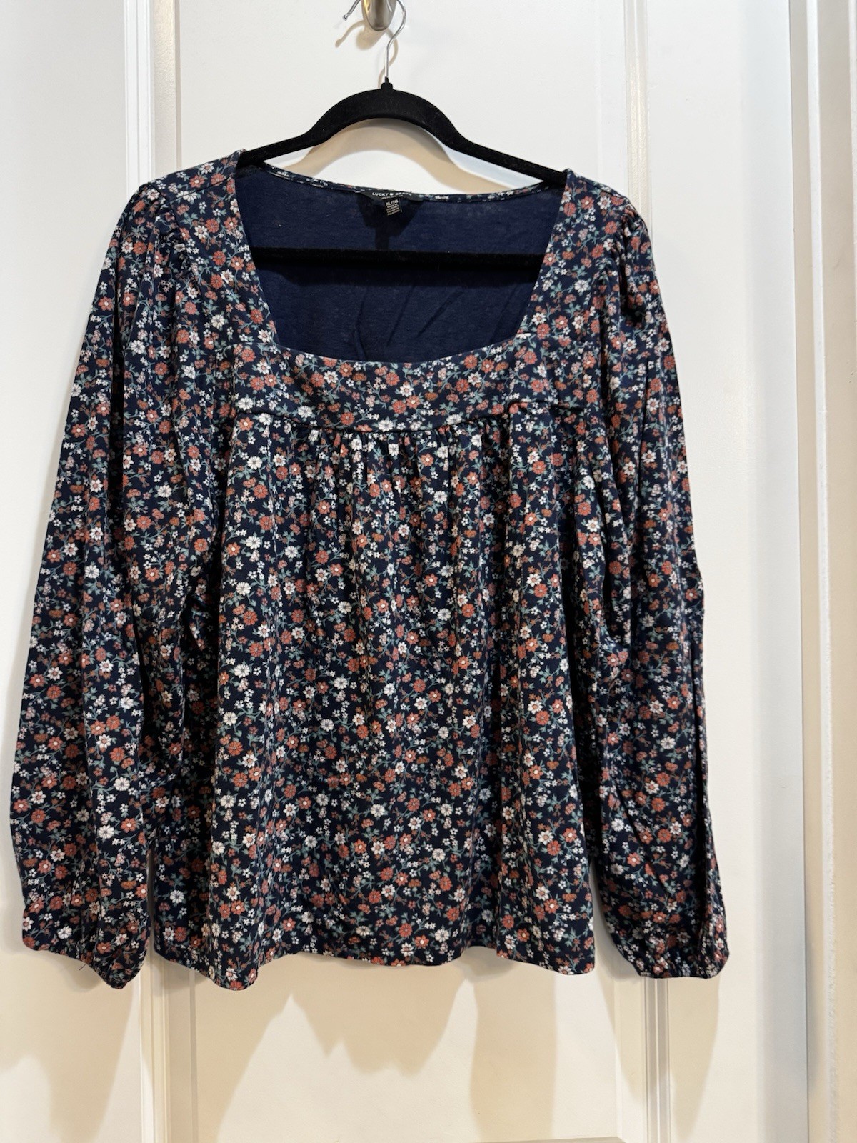 Lucky Brand Blue Floral Square Neck Top XL Long Sleeve Armpit To Armpit 23”
