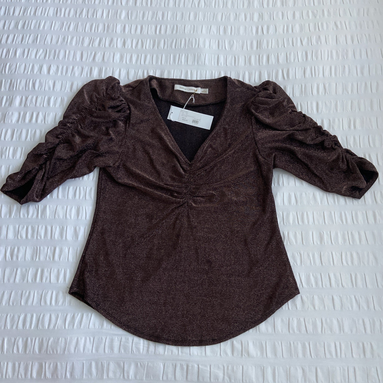 NWT Bishop+Young Rachel Ruched Sleeves. Color: Gold Metal Shirt MSRP $96 Large