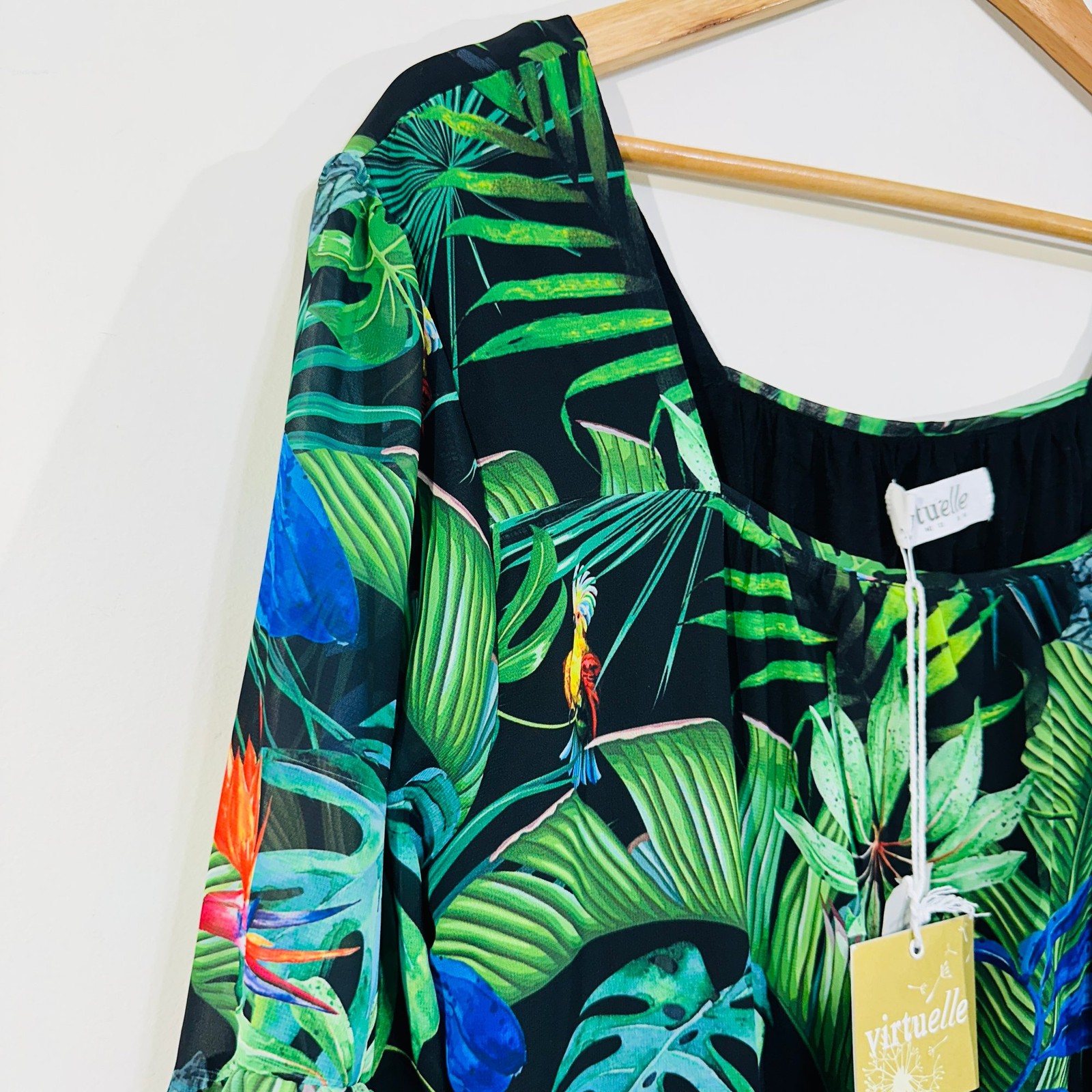 Virtuelle Blouse Top 14 Black Green Blue Birds Tropical Print Bell Sleeve Ruffle