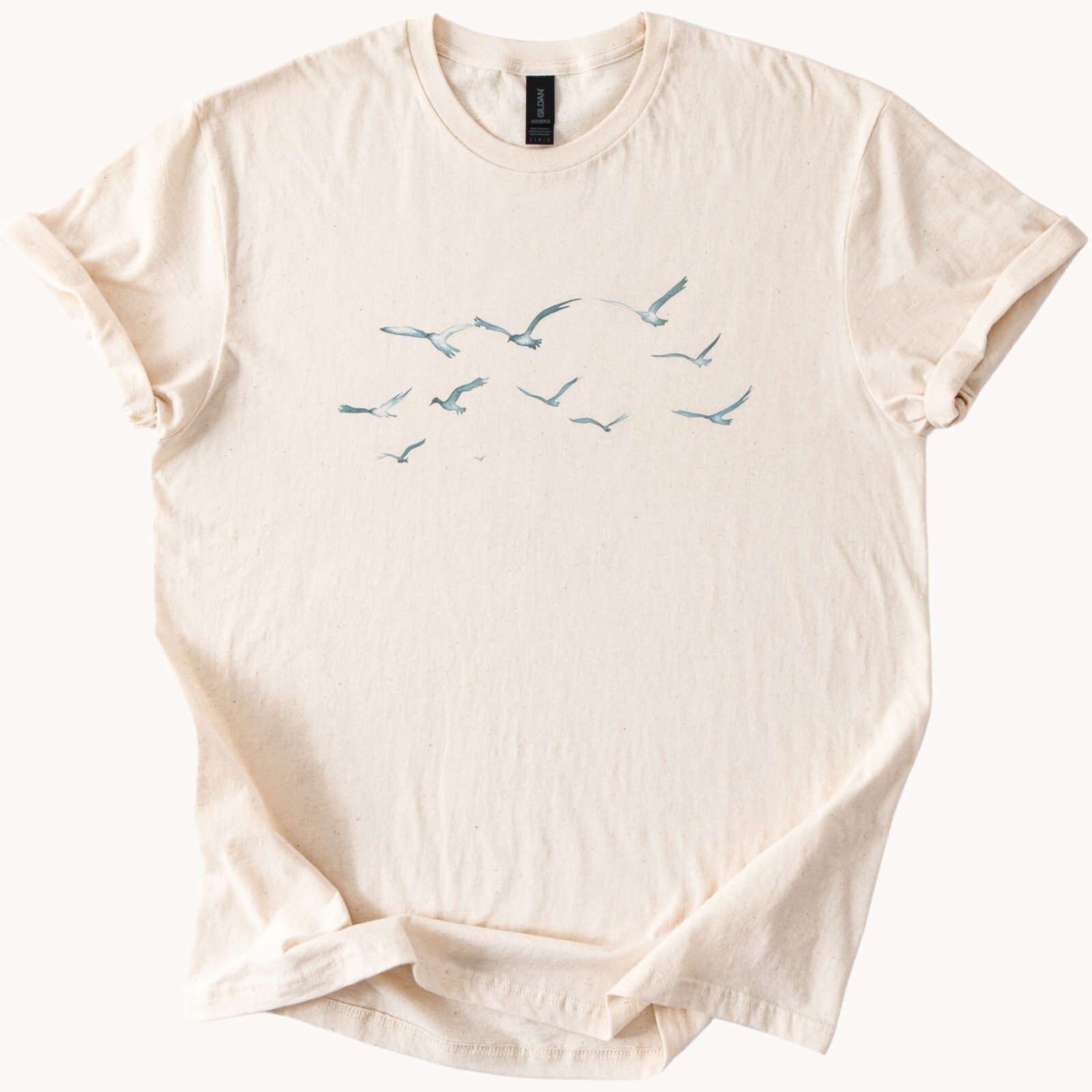 Birds in Flight Graphic T Shirt Minimalist Nature Art Cream Tee Soft Top
