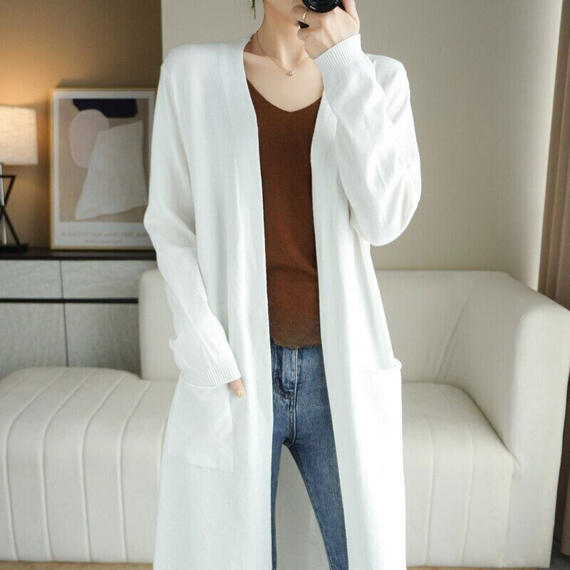 Women’s Cashmere Cardigan Autumn Long Knitted V-neck Wool Coats Mid Length