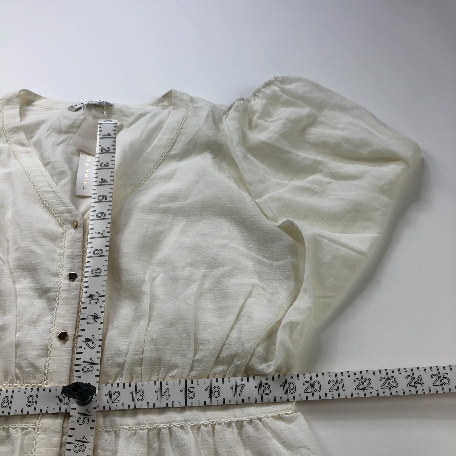 Trina Turk NEW XXL Smocked Button Plaid Check Pullover Button Top Blouse Ivory