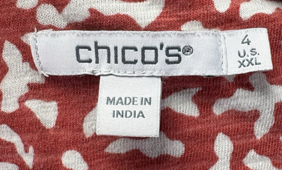 Chicos Dots V-Neck Top Womens Sz 4 XXL Coral White Slub Knit 3/4 Sleeve Career