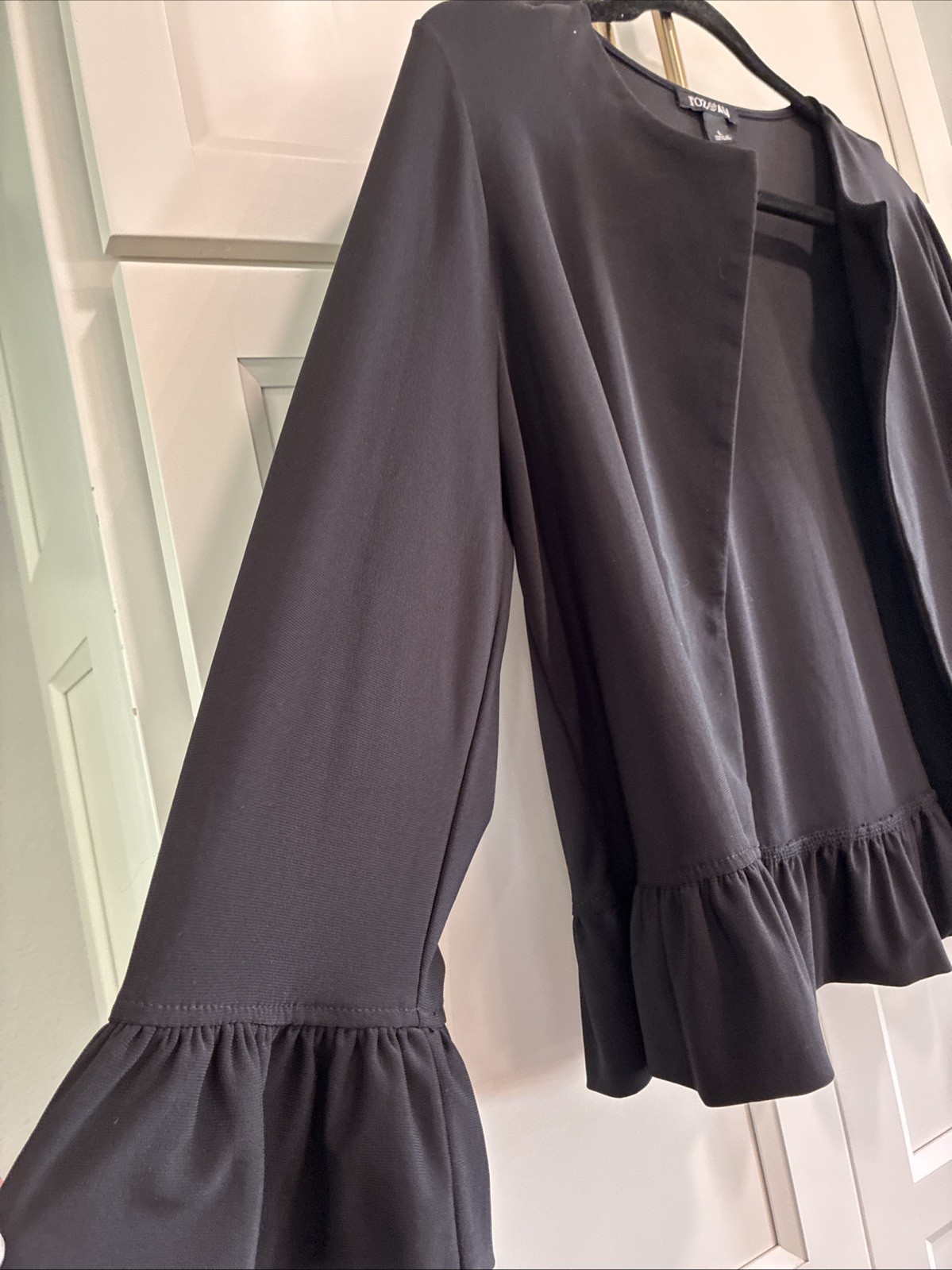 WOMEN’S BLACK ROZ & ALI OPEN FRONT JACKET CARDIGAN RUFFLE DETAIL SIZE L STRETCH