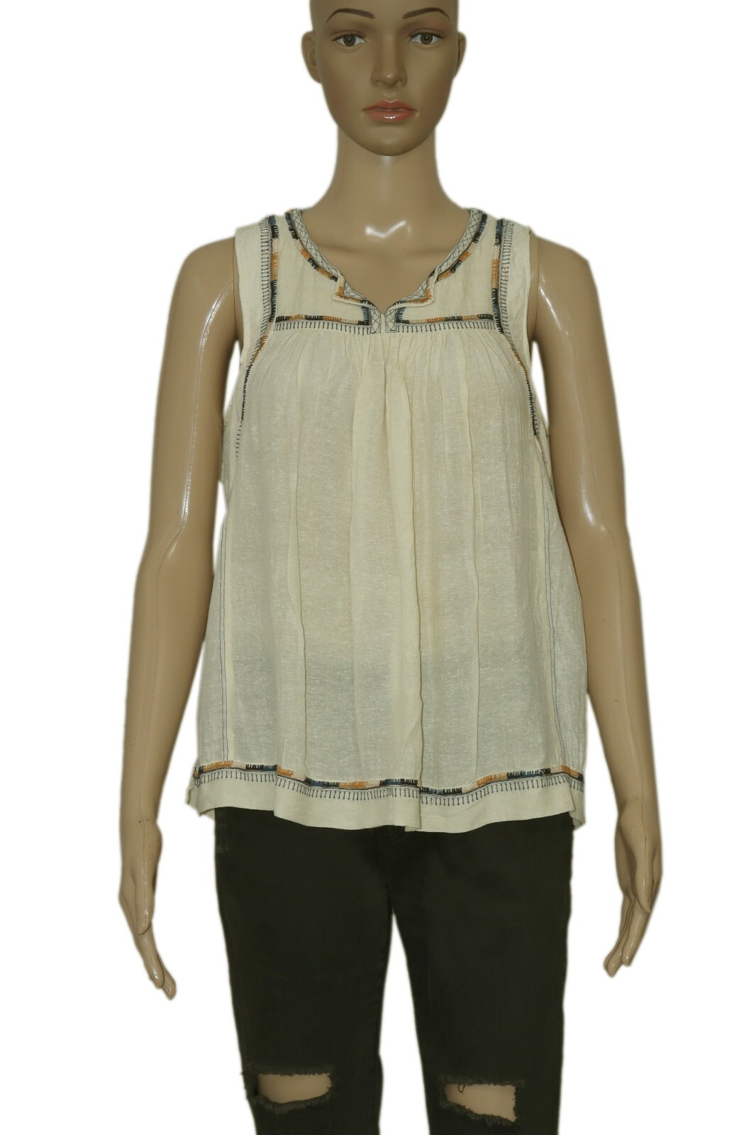 Isabel Marant Etoile Border Embroidered Sleeveless Cream Silk Blouse Top S 36
