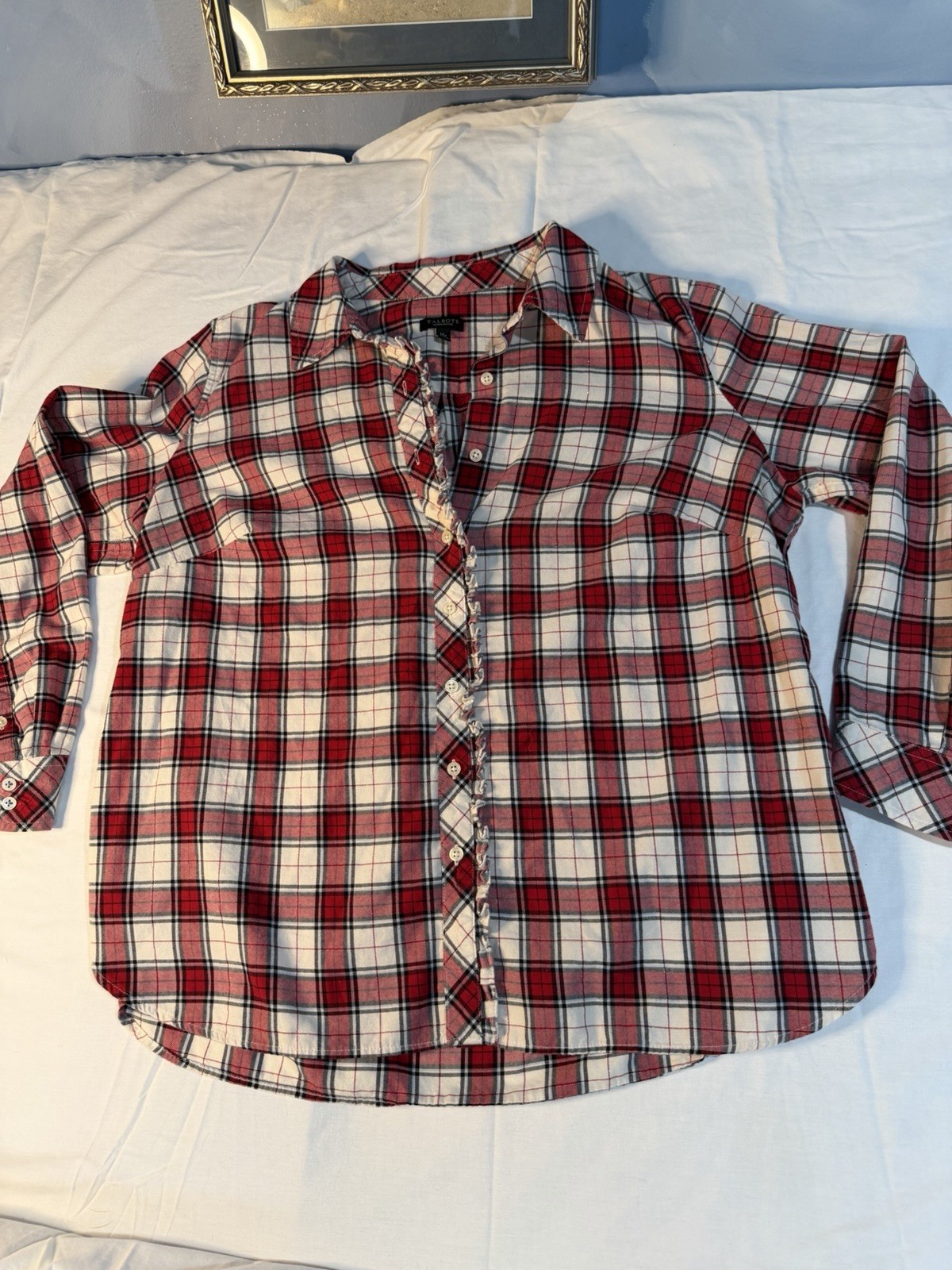 Talbots Red White Navy Plaid Woven Women’s Ruffled Button-Up Collared 1X P