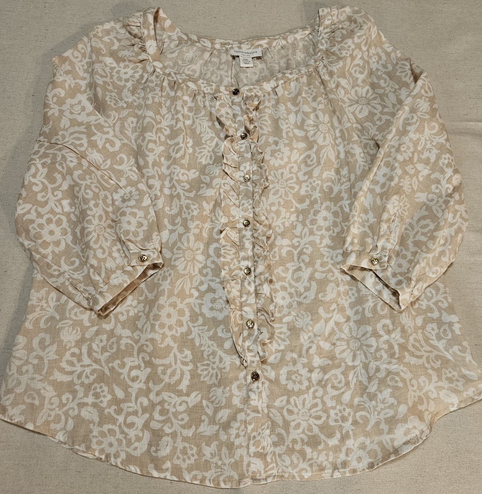 Charter Club Women’s Linen Blend P/ XL Gold Button Ruffle Blouse Beige Floral