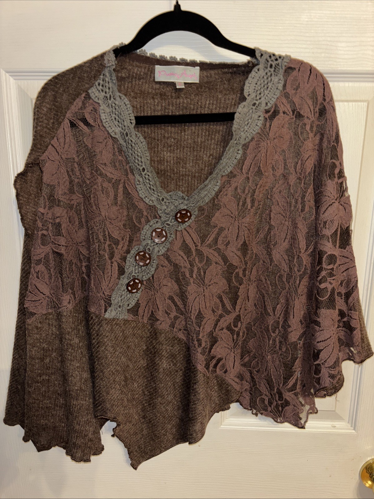 Pretty Angel Oversized S Brown One Sleeve Asymmetric Lace Button Fairycore Top