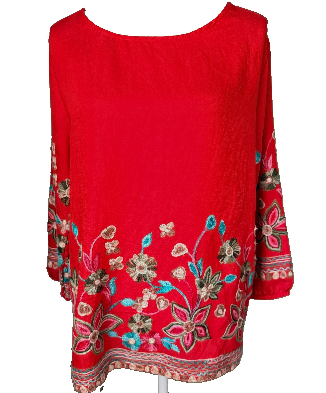 Ana & Rose Red Top w/Heavy Embroidery Peasant/Boho Vibes 3/4 Sleeves Easy Care