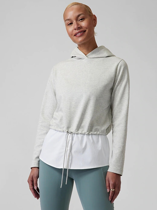 NEW Athleta Women Gallery Hoodie Hybrid cotton Top Light Grey Heather