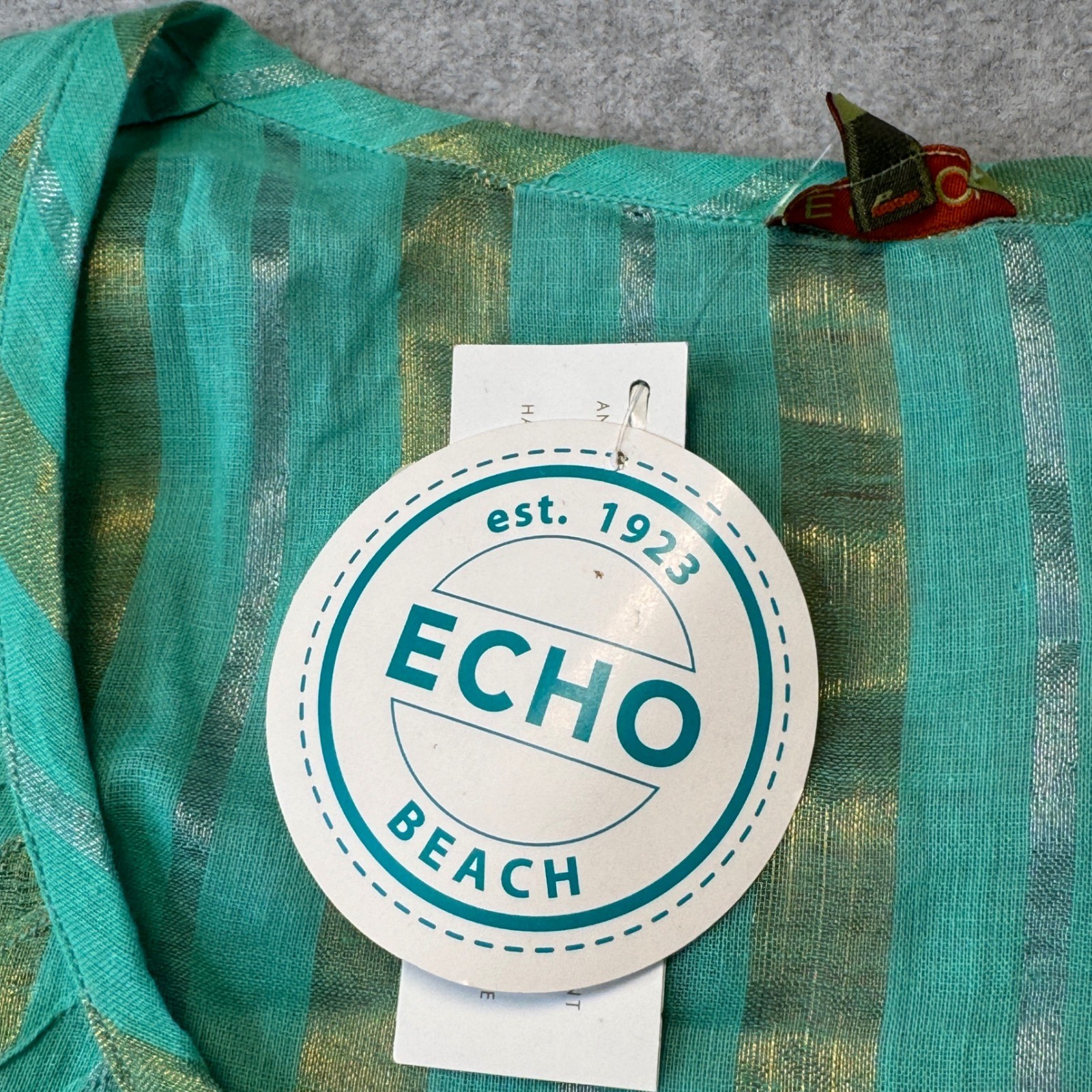 Echo Beach Cover Top Pockets Turquoise Gold Metallic Striped Tunic Womens Small