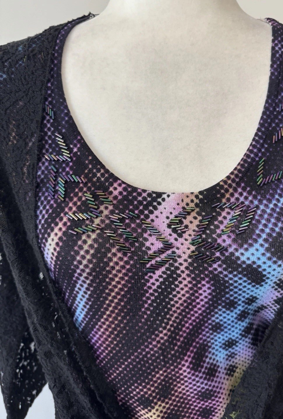 Alberto Makali Top Double Layer Stretch Floral Lace Overlay Beaded Sz M