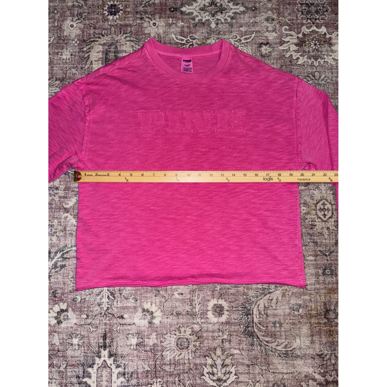 PINK Victoria’s Secret Oversized Long Sleeve Slub Knit Raw Hem Logo Hot Pink XS