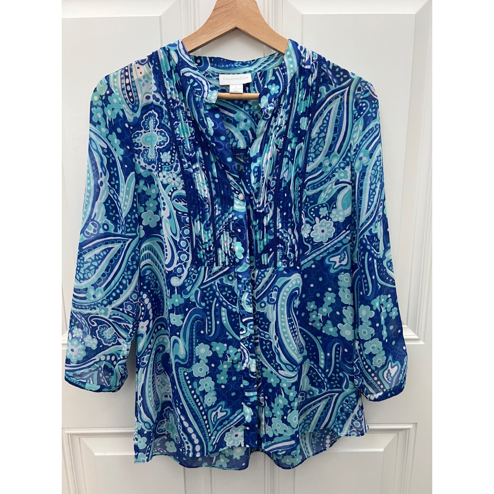 Charter Club Blue Paisley Pintuck Button Down Blouse 3/4 Sleeve Top Small