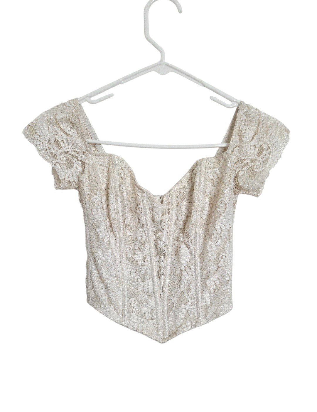 VTG Y2K On Gossamer Ivory Lace Corset Crop Top M Off Shoulder Boned Coquette