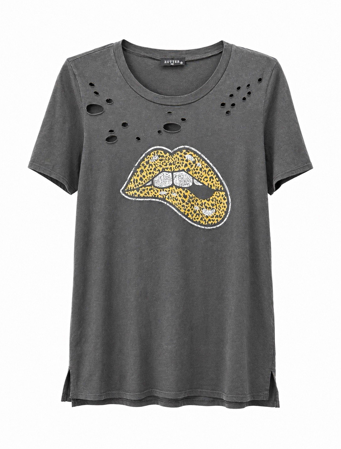 Zutter Womens Gray Distressed Leopard Lips Graphic Crew Neck Tee Shirt S