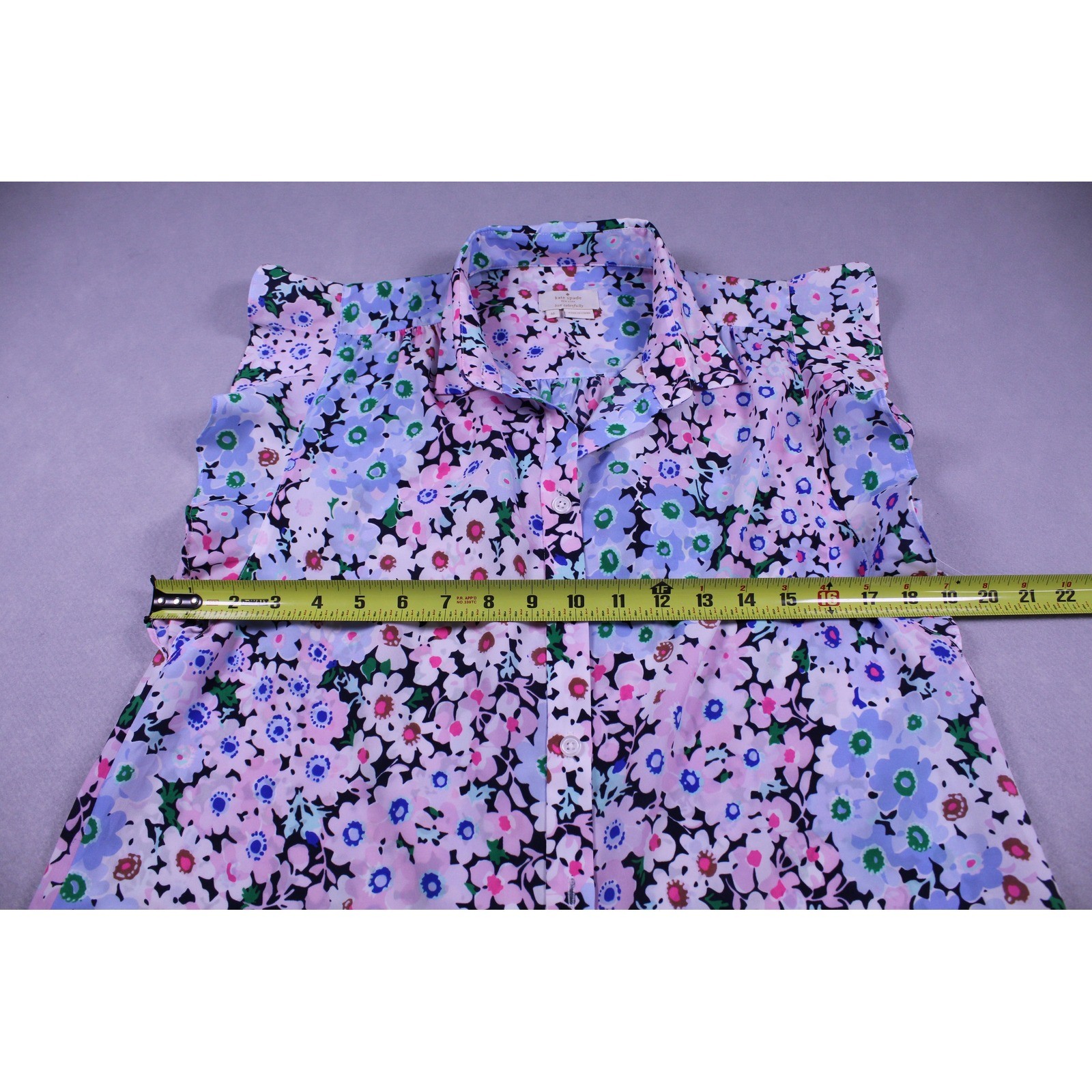 Kate Spade New York Womens Floral Ruffle Sleeve Button Down Top Pink Blue Medium