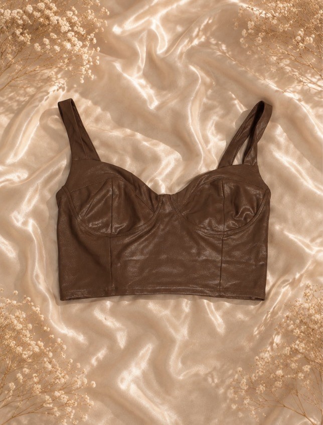 NAKED WARDROBE Brown Faux Leather Bustier Crop Top Small NWT