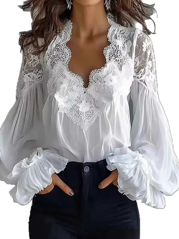Blusa Mujer Color Sólido V-cuello Encaje Manga Farol Elegante Oficina