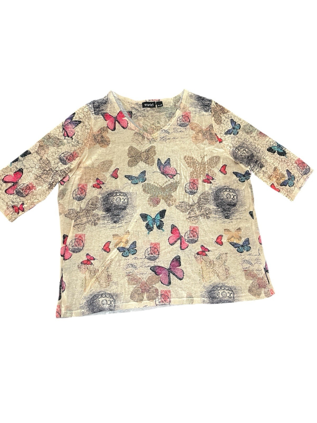 Zuriel Plus Sheer Mesh Butterfly Travel Postcard Print Rhinestone V Neck Top