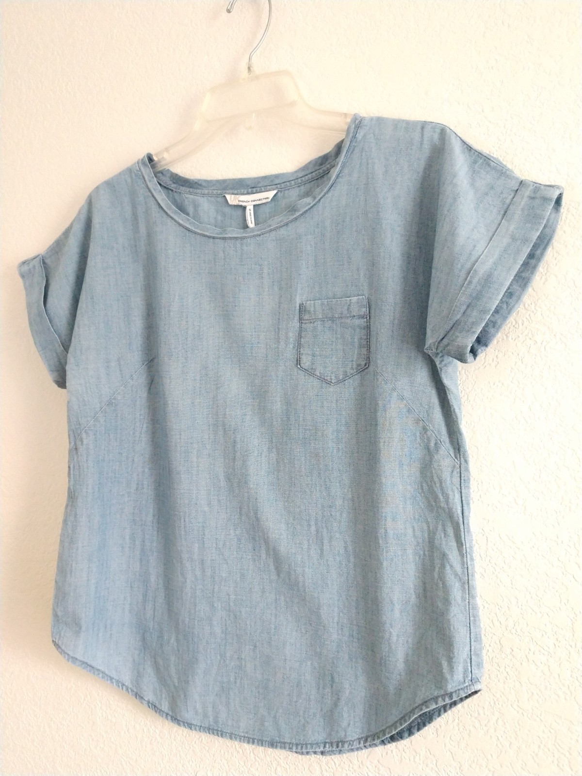 Cute French Connection Blue Chambray Shirt Short Sleeve Summer Cottagecore Small