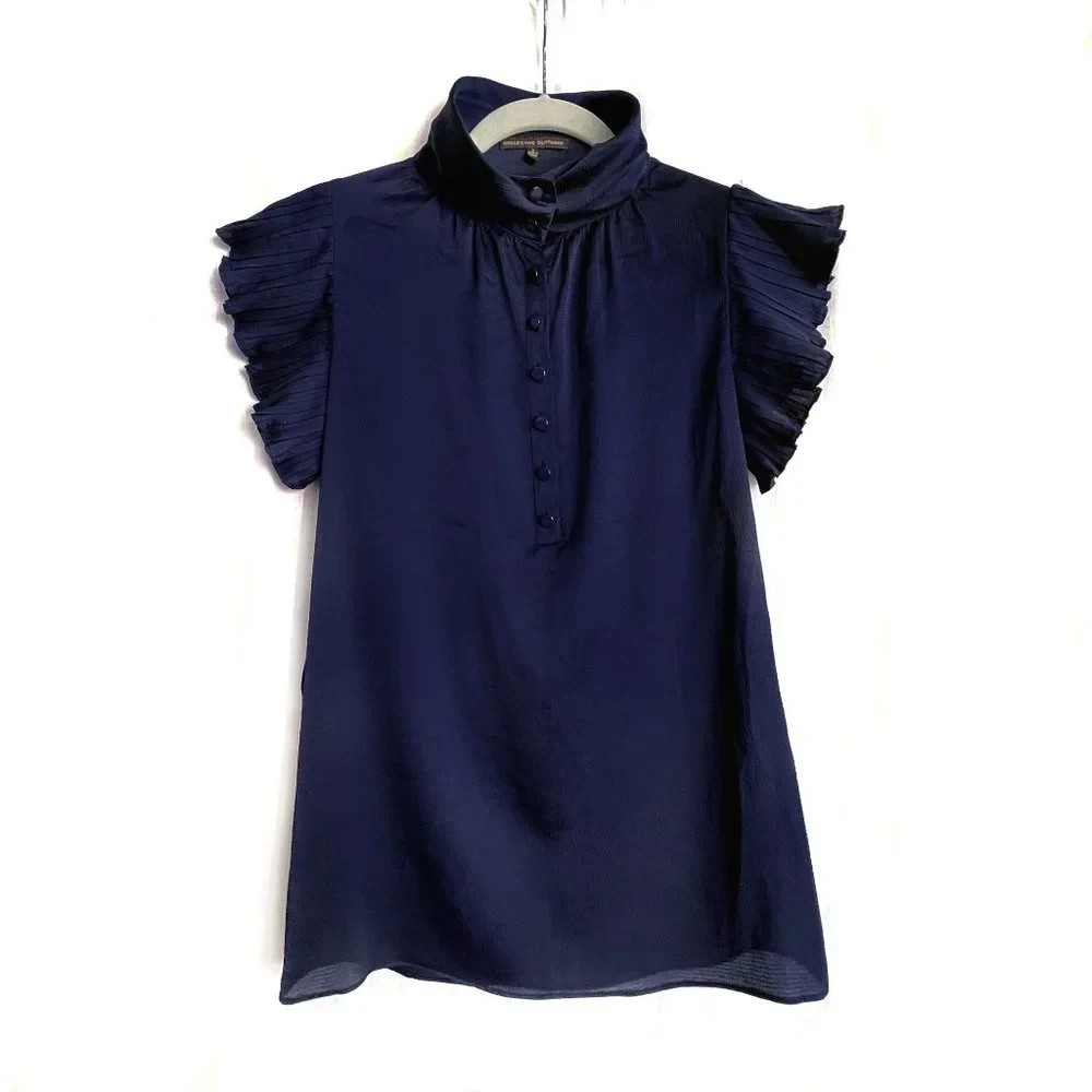 Very-dark navy blue women’s blouse with ruffles. Polyester. Size S