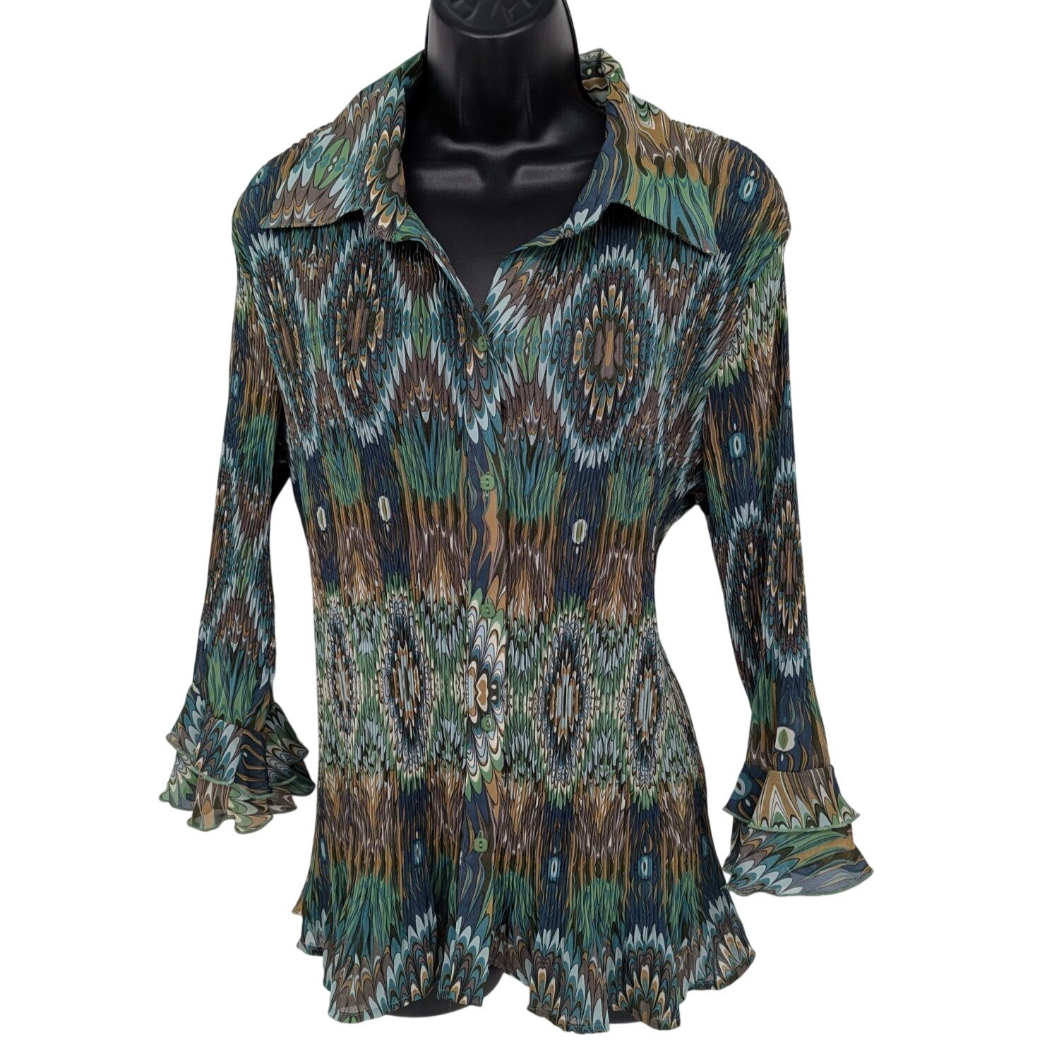 Pleated Abstract Print Top Button Up Y2K Ruffle Sleeve Fairy Festival X Large