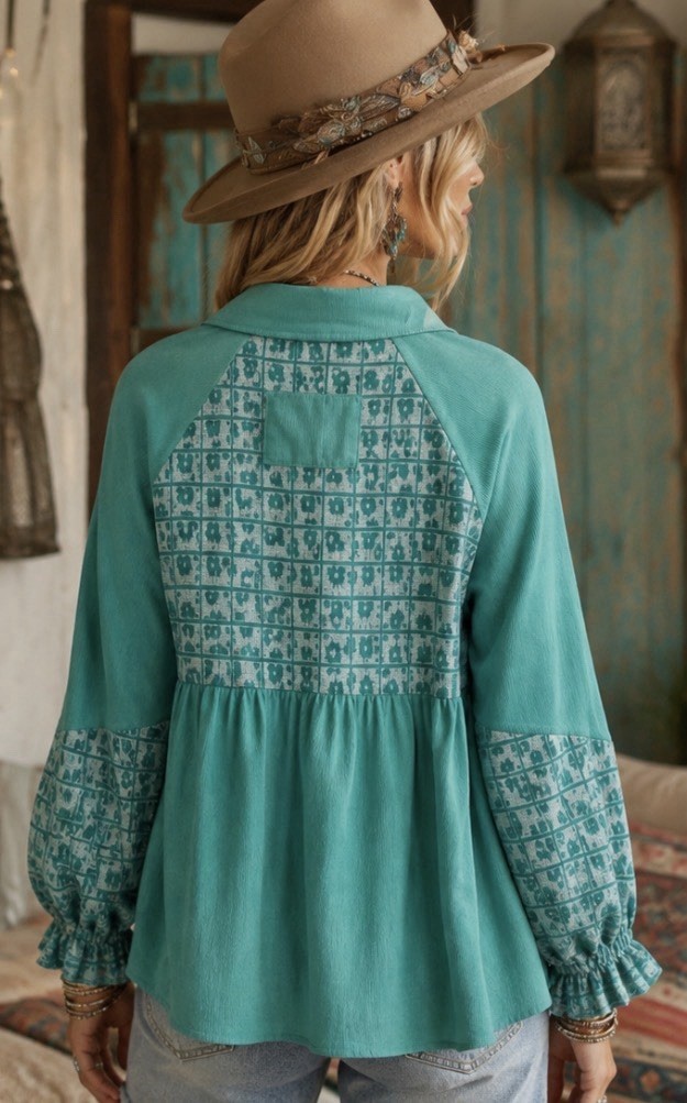 JODIFL Teal Mixed Print Button Front Babydoll Top with Ruffle Cuffs, XL