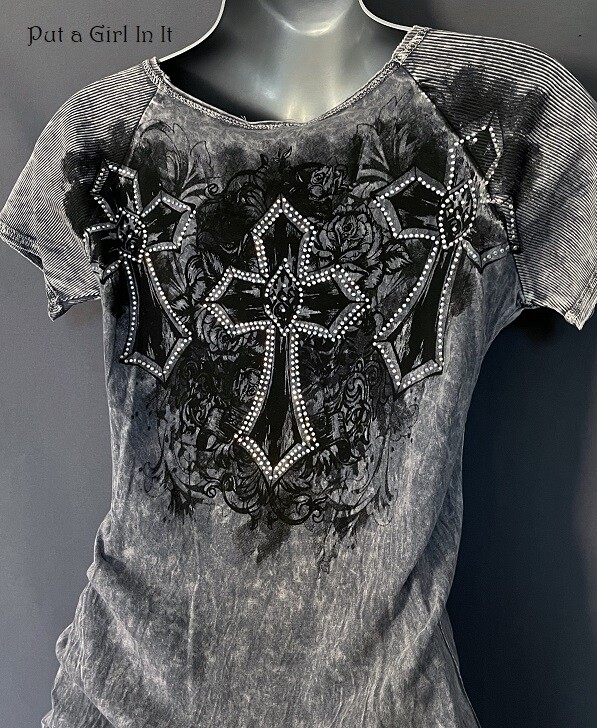 Y2K Vocal Apparel Women’s USA Crystal Sequin Gray Black Cross Slouch Shirt S M