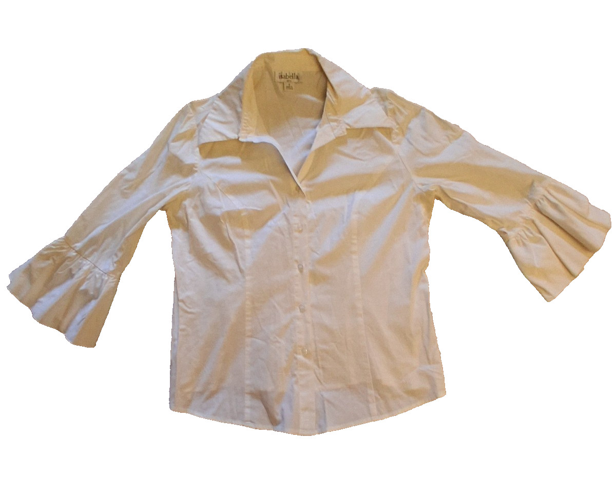 Women’s Size 8 White 3/4 Bell Sleeve Wide Collar Stretch Dry Clean Only Shirt
