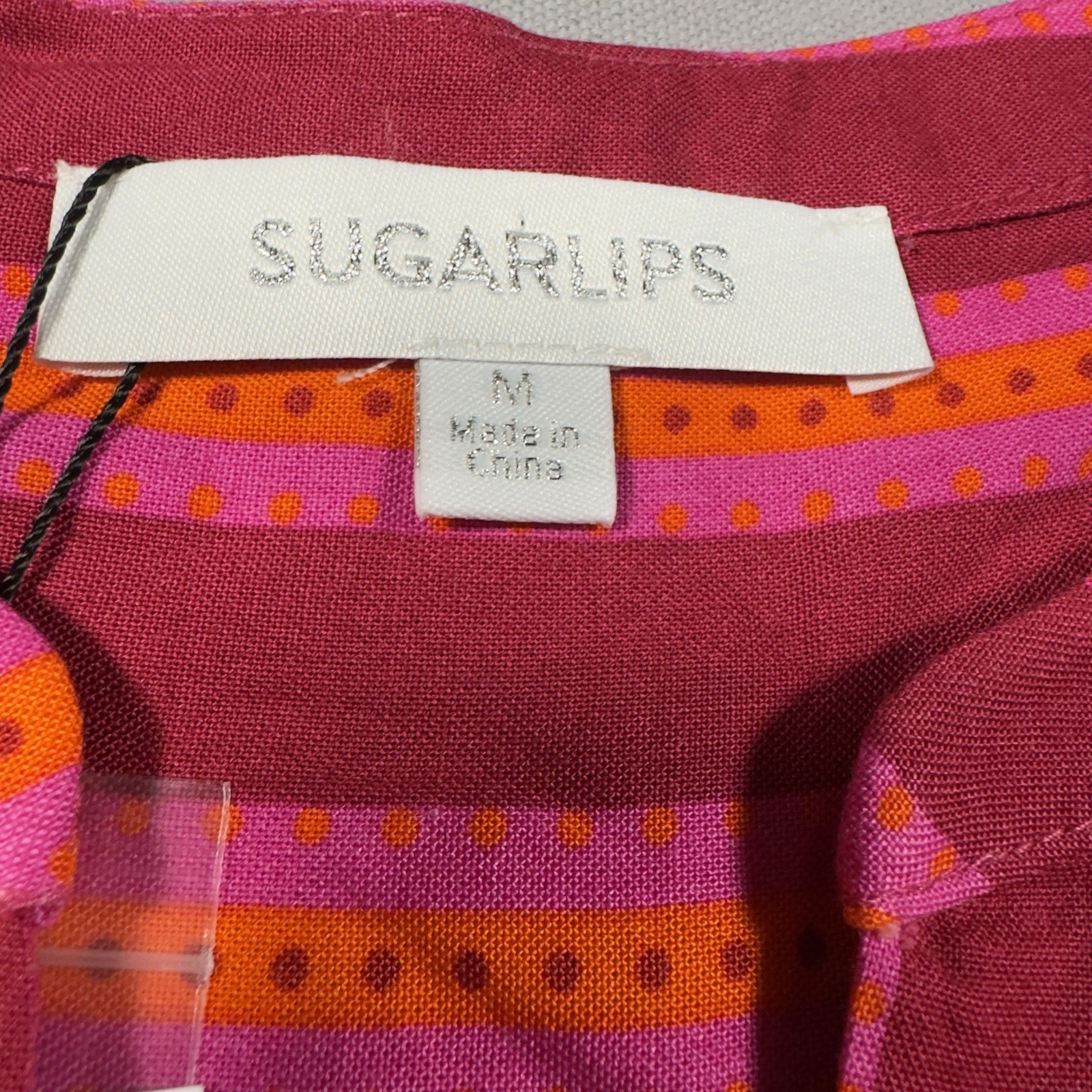 Sugar Lips Striped Blouse Womens Medium Pink Orange Puff Sleeve Rayon NWT