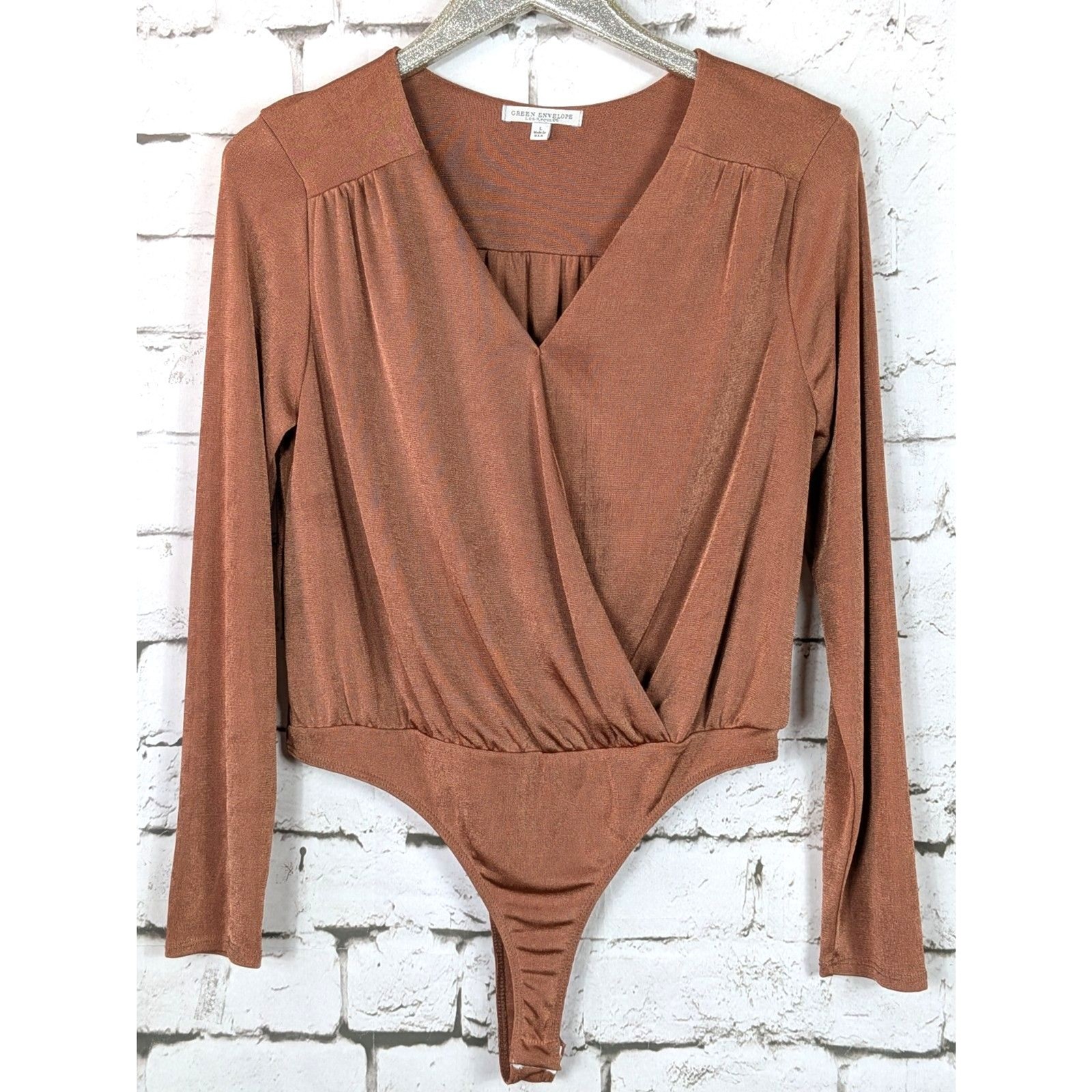 GREEN ENVELOPE Slinky-Knit Blouson Faux-Wrap Bodysuit Essential Copper Large