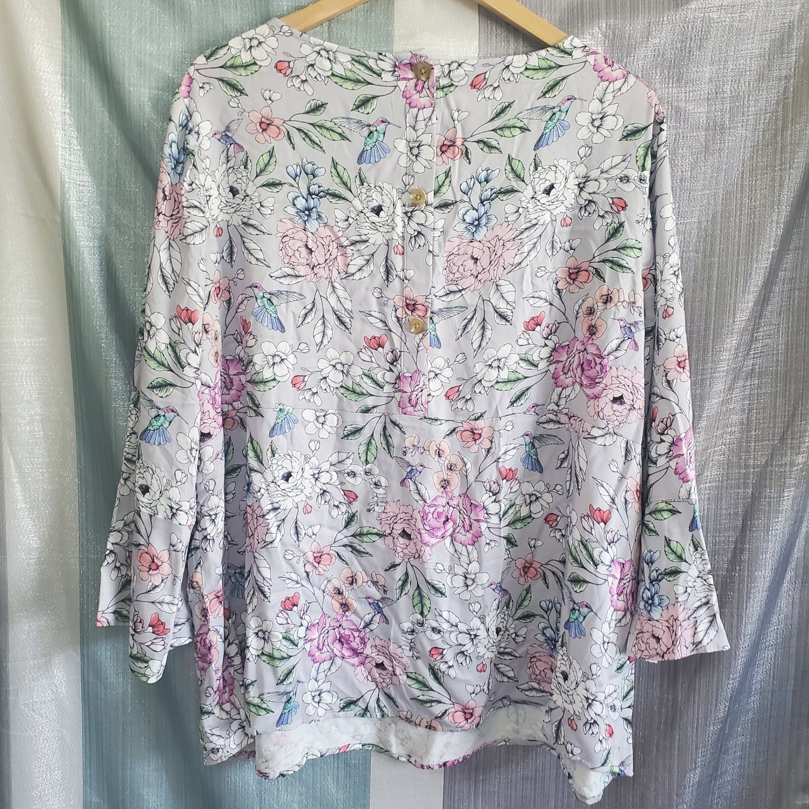 J. Jill Womens XL Floral Hummingbird Viscose Blouse Gray Pink Long Sleeve Top